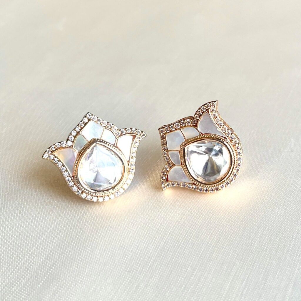 Kundan Stud Earrings in Gold Plated with Polki CZ | Bridal Jewellery India
