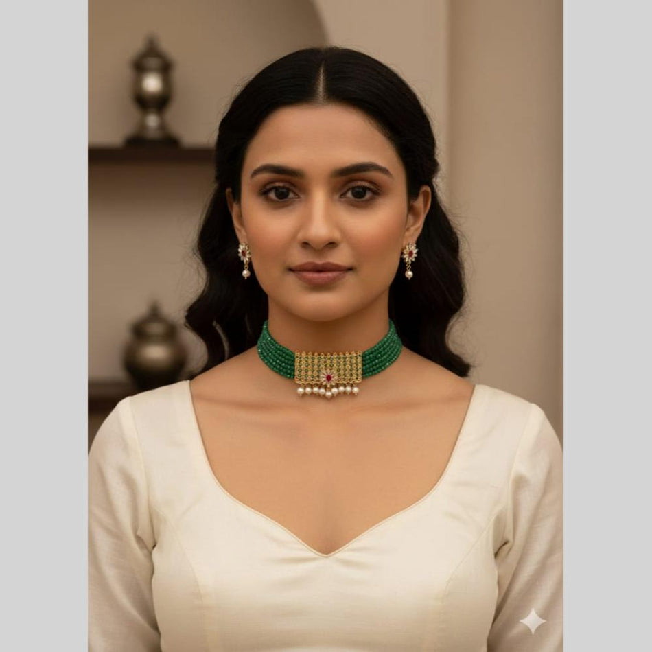 Crystal Pearl Choker in Oxidised Silver | Bridal Jewellery India