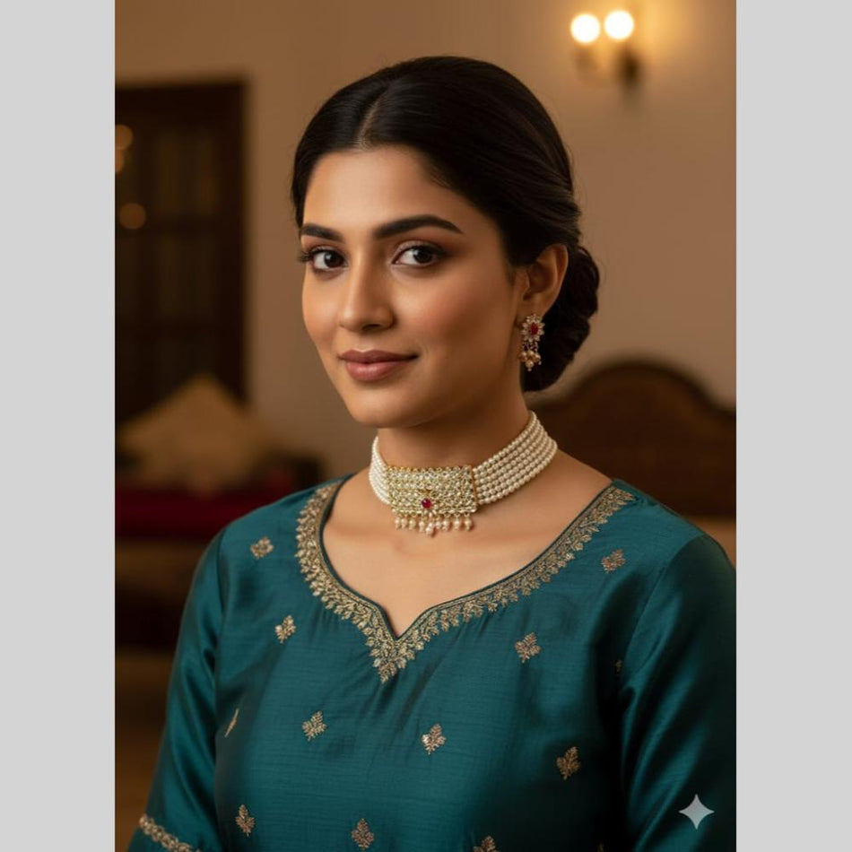 Crystal Pearl Choker in Gold Plated | Bridal Jewellery India