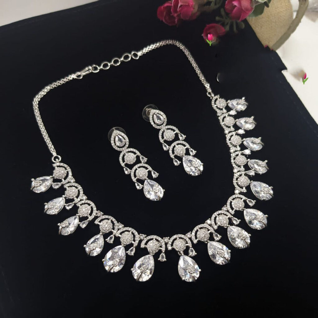 Glamorous Diamond Necklace Set in White Gold Plated | Bridal Jewellery India
