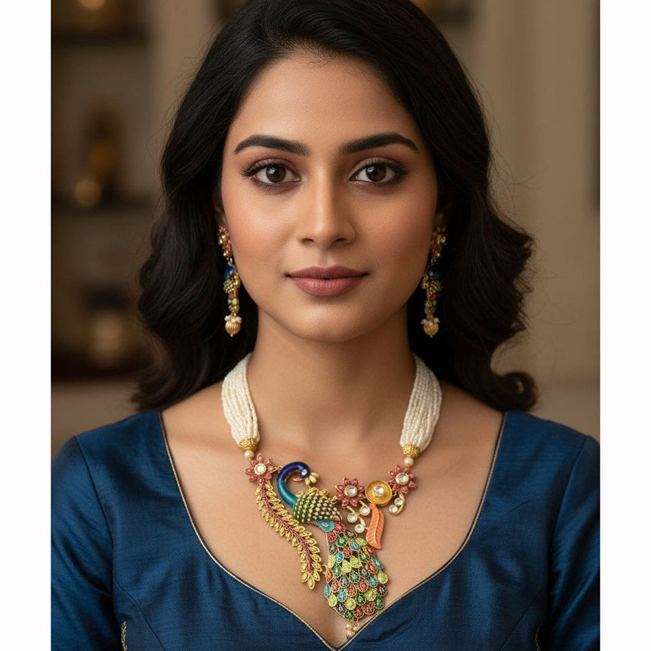 Kundan Necklace in Gold Plated with Peacock Design Bridal | Bridal Jewellery India