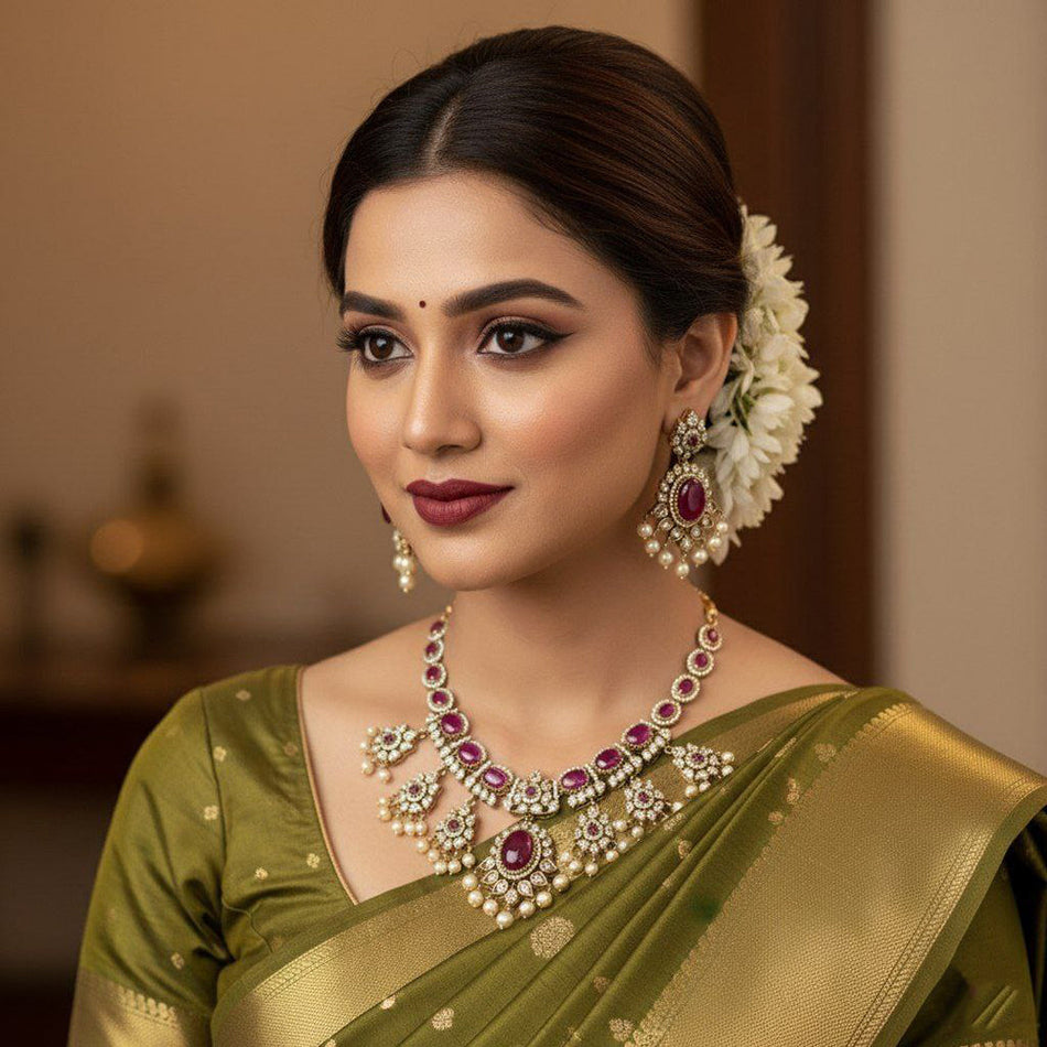 Pota Stone and Pearl Necklace in Sterling Silver | Bridal Jewellery India