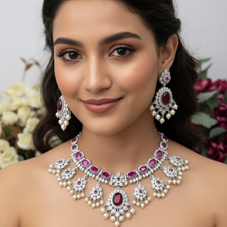 Rose Gold Plated Pota Stone Pearl Necklace Set | Bridal Jewellery India
