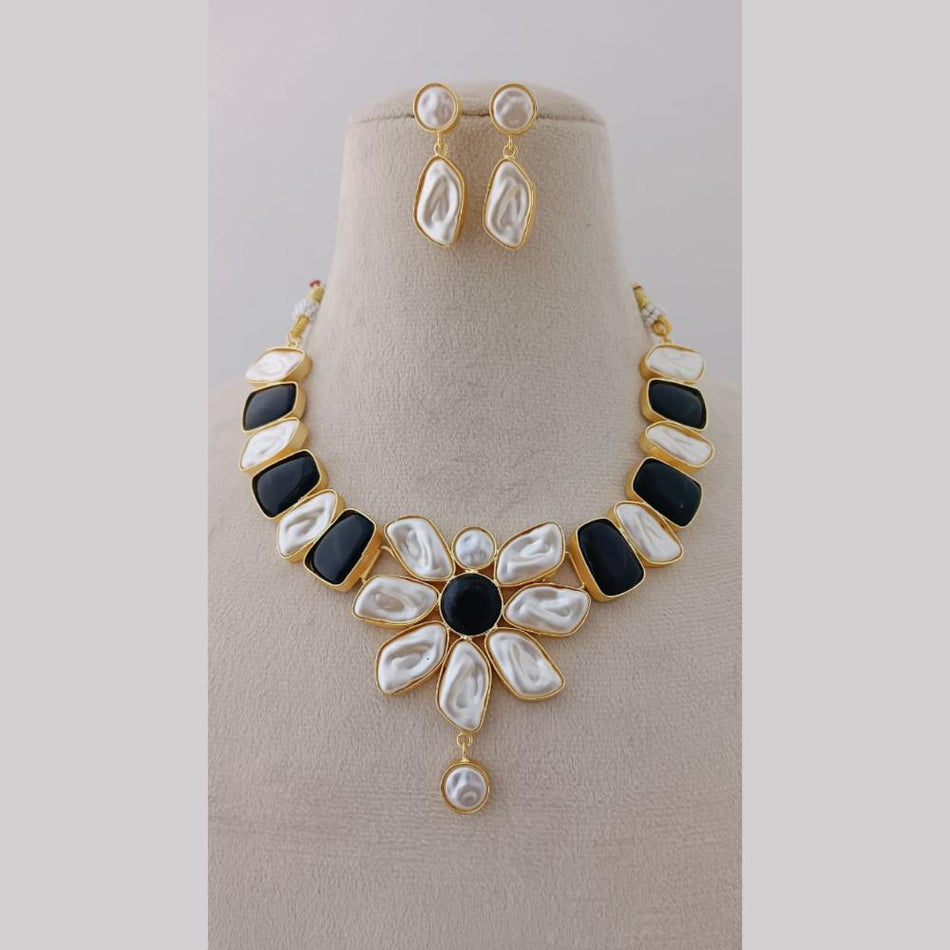 Matte Gold Plated Pota Stone Mother Of Pearls Necklace Set | Bridal Jewellery India