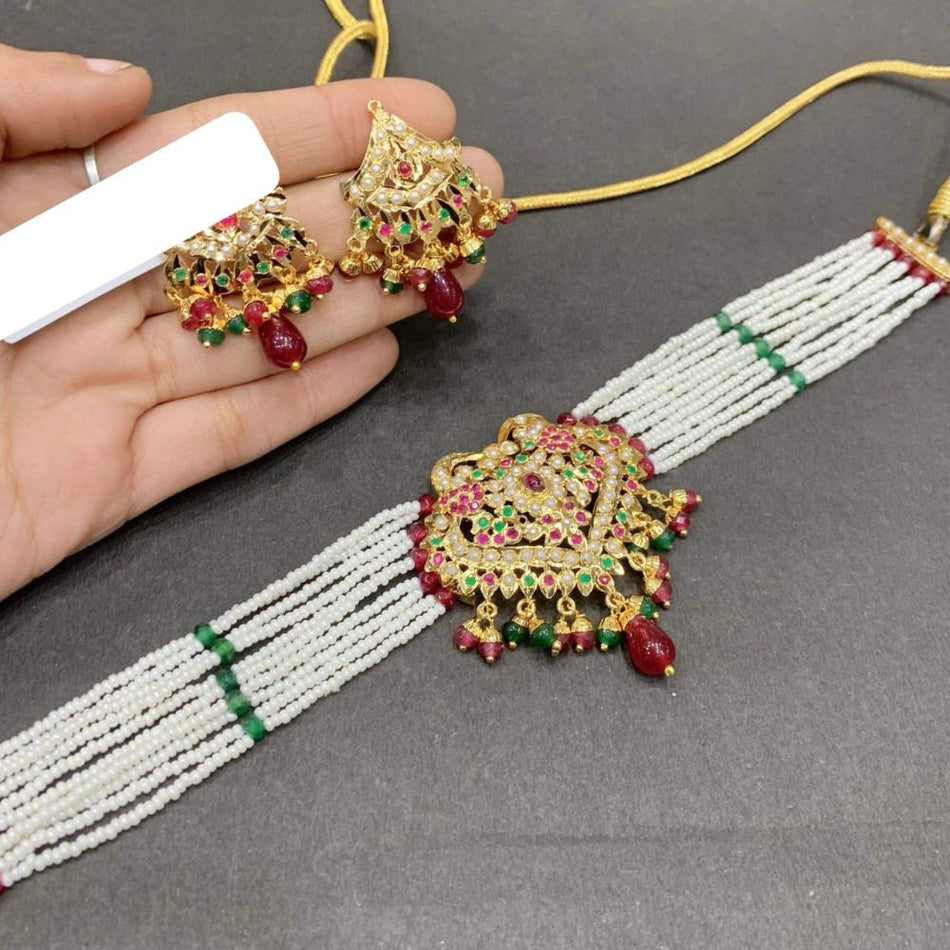 Rose Gold Plated Jadau Pearl Choker with Pota Stone Necklace Set | Bridal Jewellery India