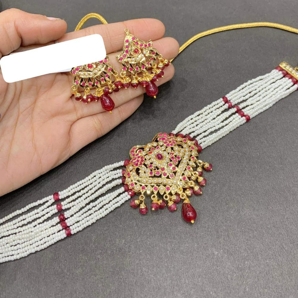 Rose Gold Plated Jadau Pearl Choker with Pota Stone Necklace Set | Bridal Jewellery India
