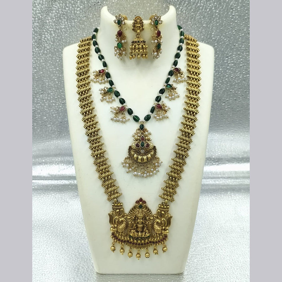 Matte Gold Plated Pota Stone Pearl Necklace Temple Set | Bridal Jewellery India