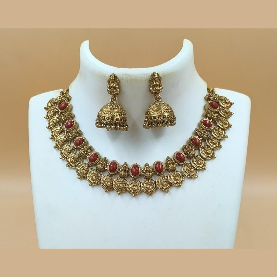Matte Gold Plated Pota Stone Temple Necklace | Bridal Jewellery India