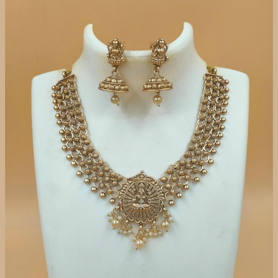 Matte Gold Plated Pearls Temple Necklace Set | Bridal Jewellery India