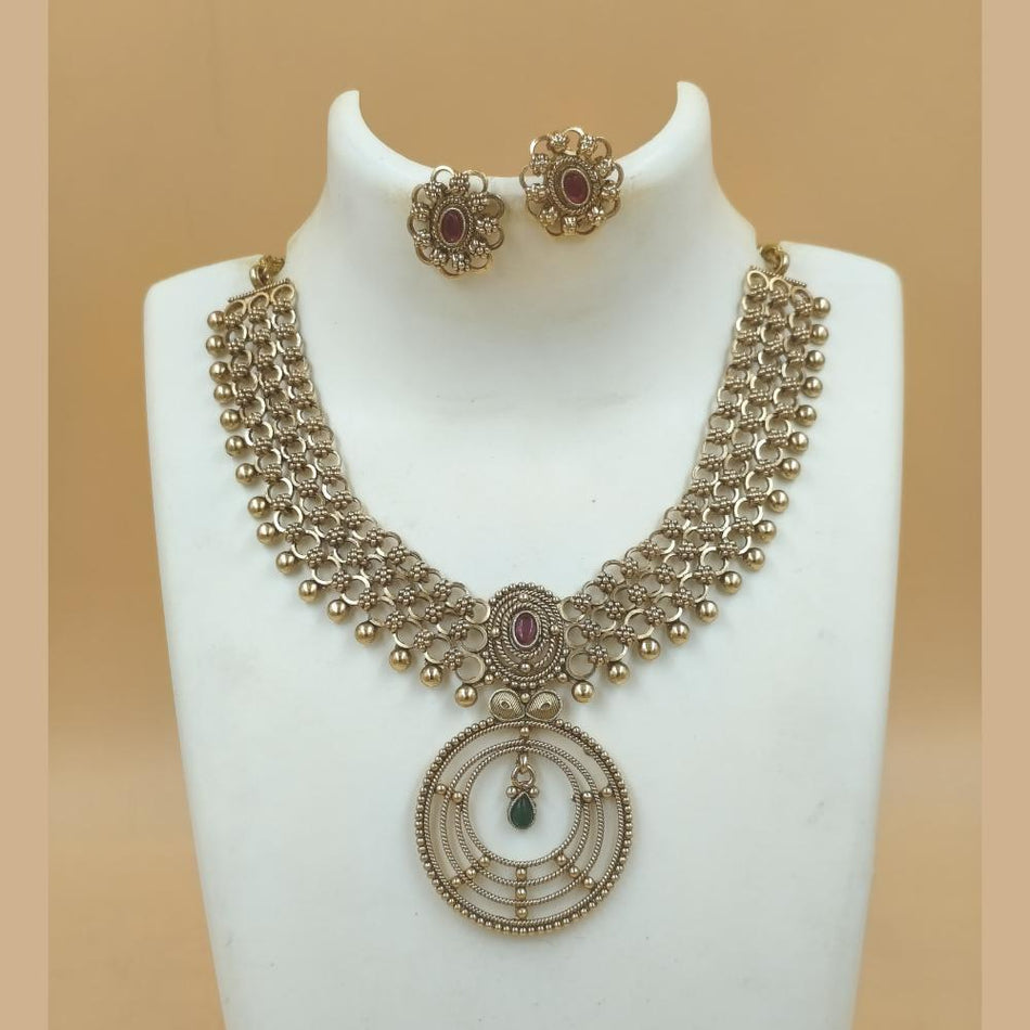 Matte Gold Plated Pota Stone Necklace Set | Bridal Jewellery India