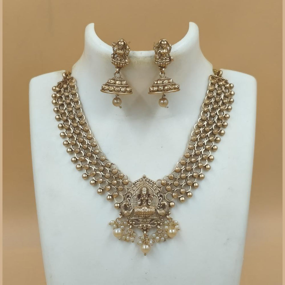 Matte Gold Plated Pearls Temple Necklace | Bridal Jewellery India