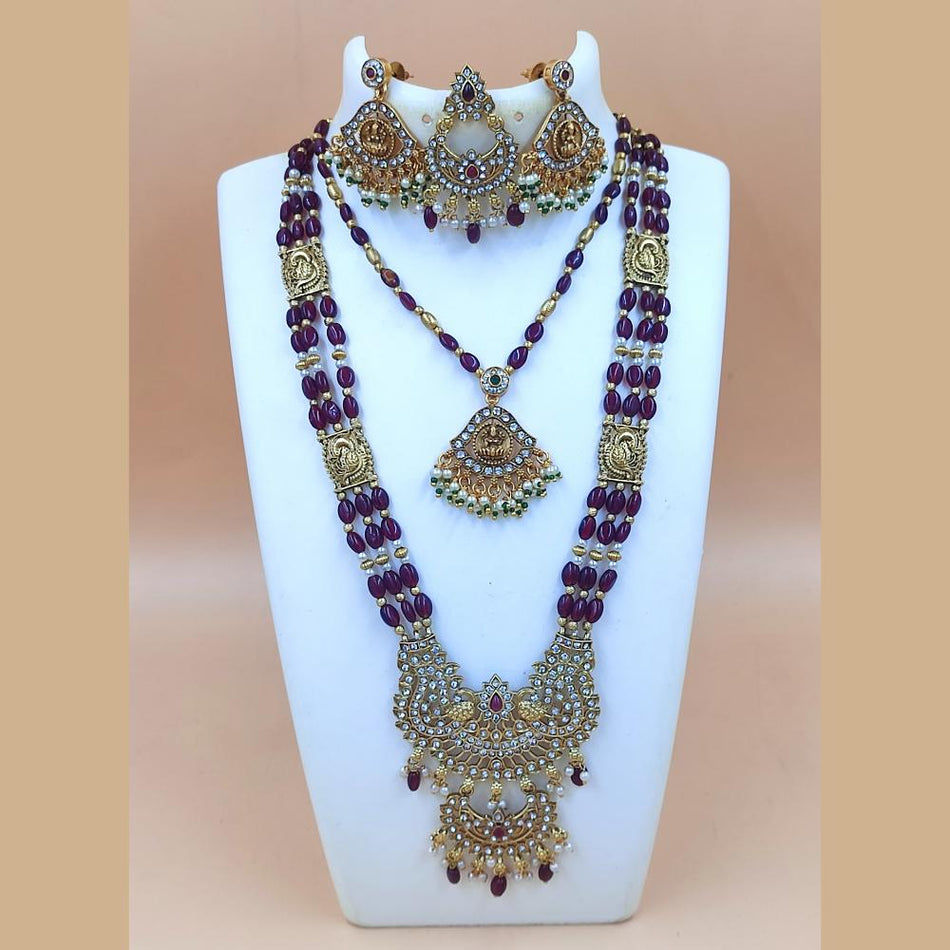 Matte Gold Plated Temple Double Necklace in Austrian Stones | Bridal Jewellery India
