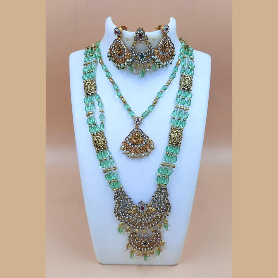 Matte Gold Plated Temple Double Necklace in Austrian Stones | Bridal Jewellery India