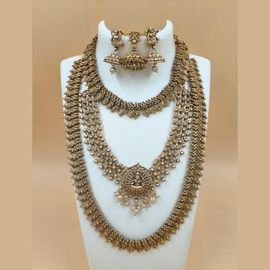 Matte Gold Plated Pearls Temple Necklace Set | Bridal Jewellery India