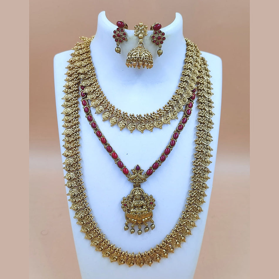 Matte Gold Plated Pota Stone Double Necklace Set | Bridal Jewellery India
