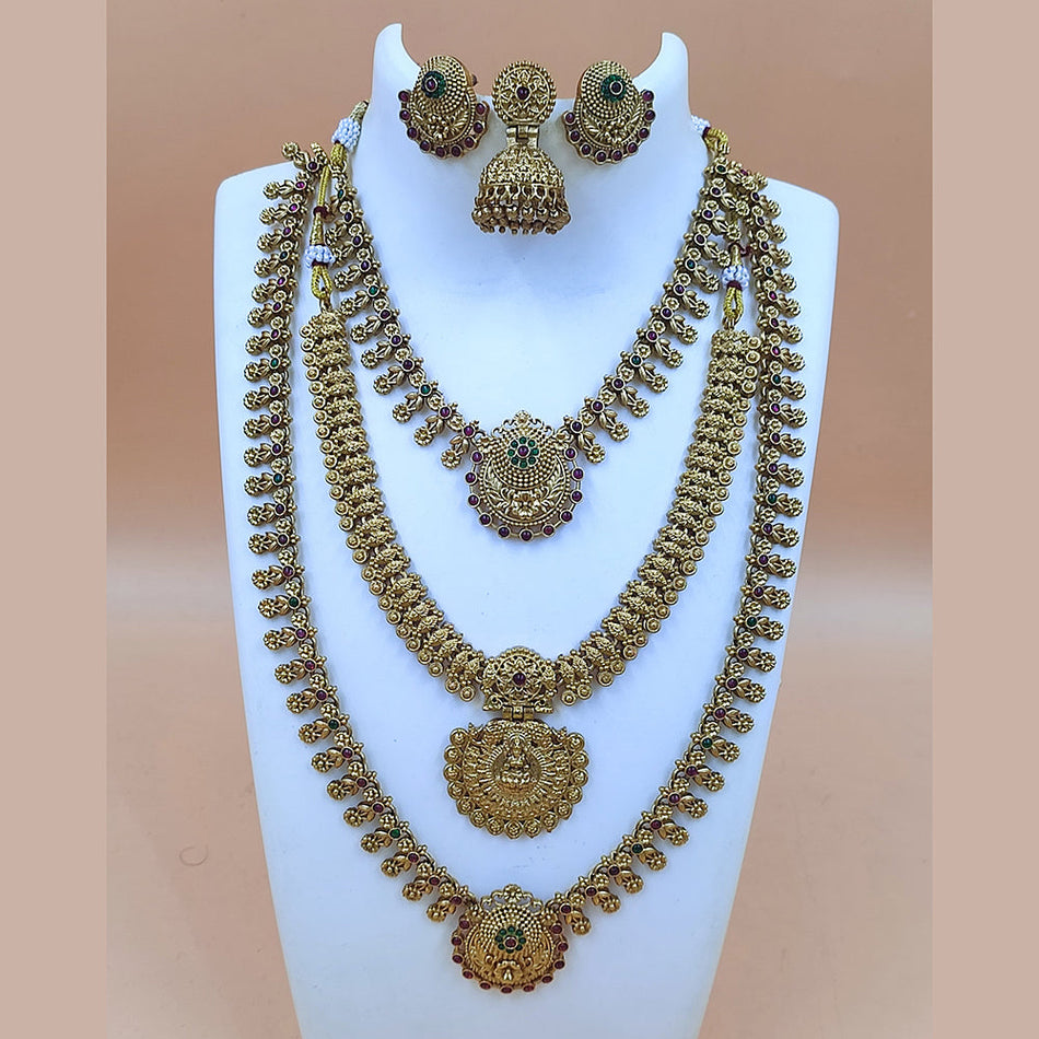 Matte Gold Plated Pota Stone Temple Double Necklace Set | Bridal Jewellery India