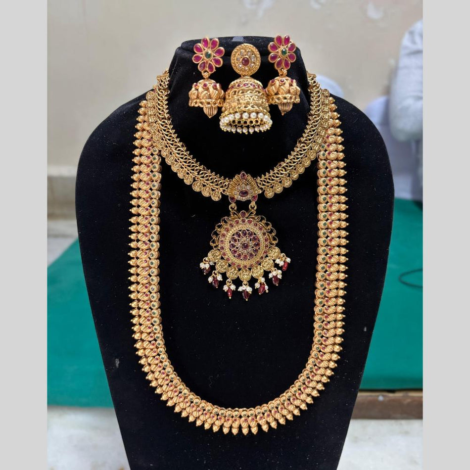 Matte Gold Plated Pota Stones Double Necklace Temple Design | Bridal Jewellery India
