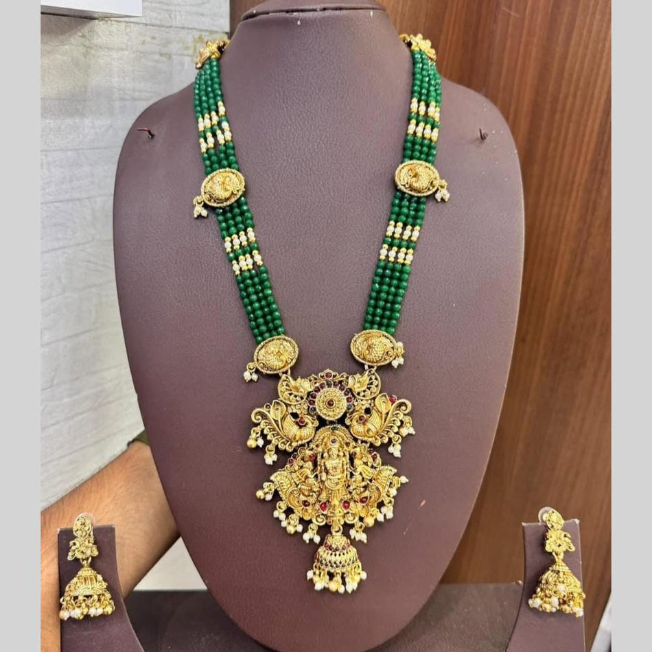 Matte Gold Plated Pota Stone Temple Necklace Set | Bridal Jewellery India