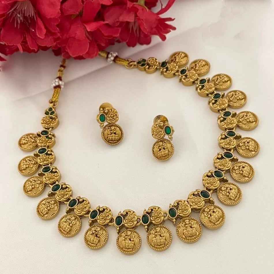 Pota Stone Temple Necklace in Gold Plated | Bridal Jewellery India