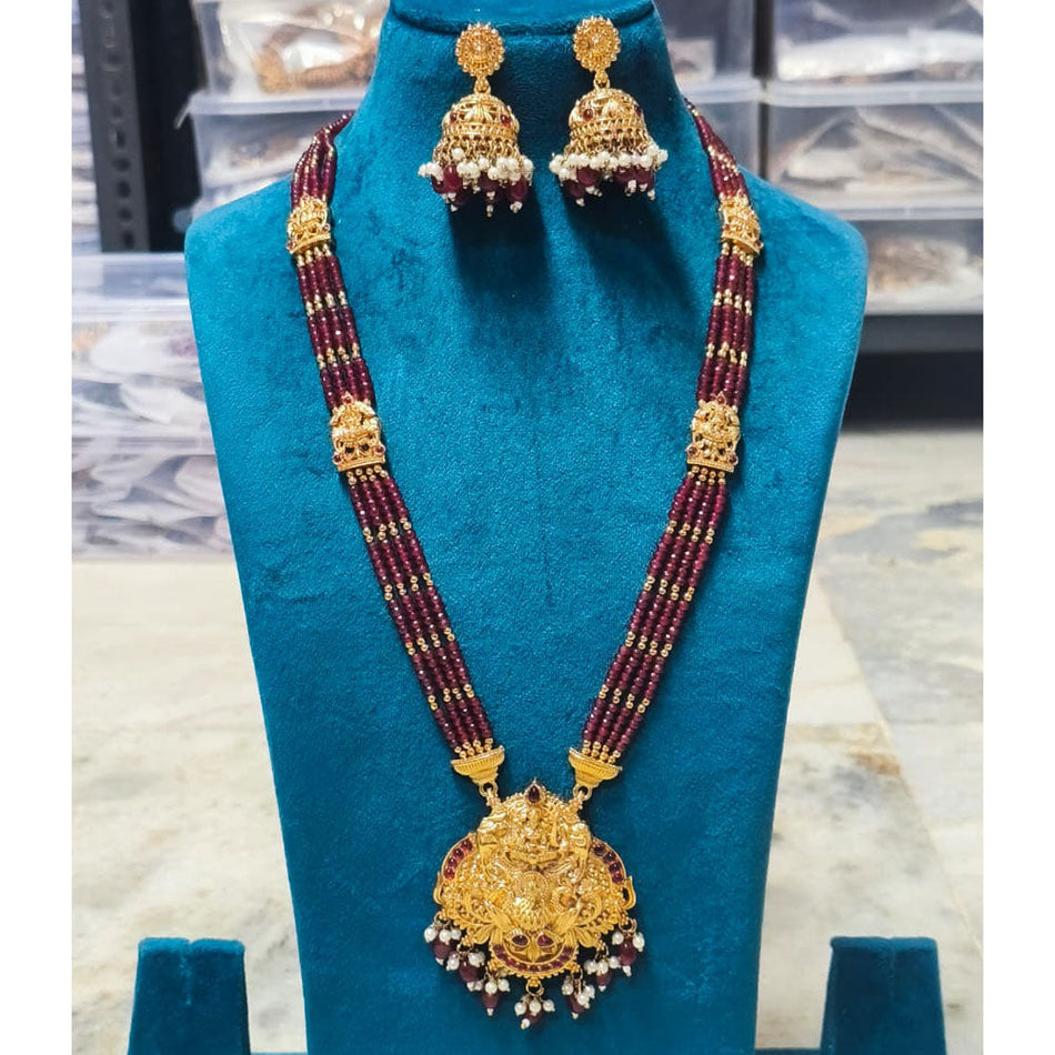 Matte Pota Stone Long Necklace in Oxidised Silver | Bridal Jewellery India