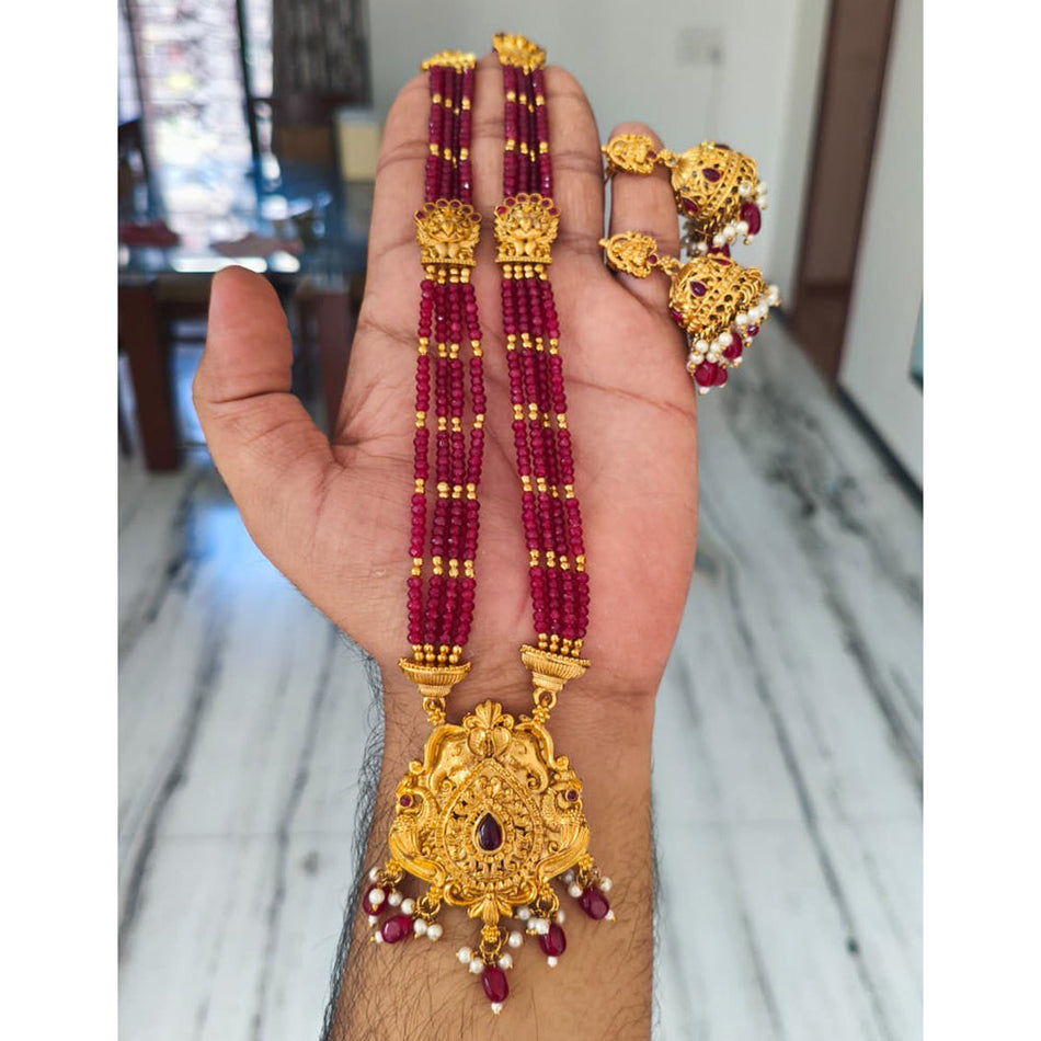 Matte Gold Plated Temple Necklace with Pota Stone Pearl | Bridal Jewellery India