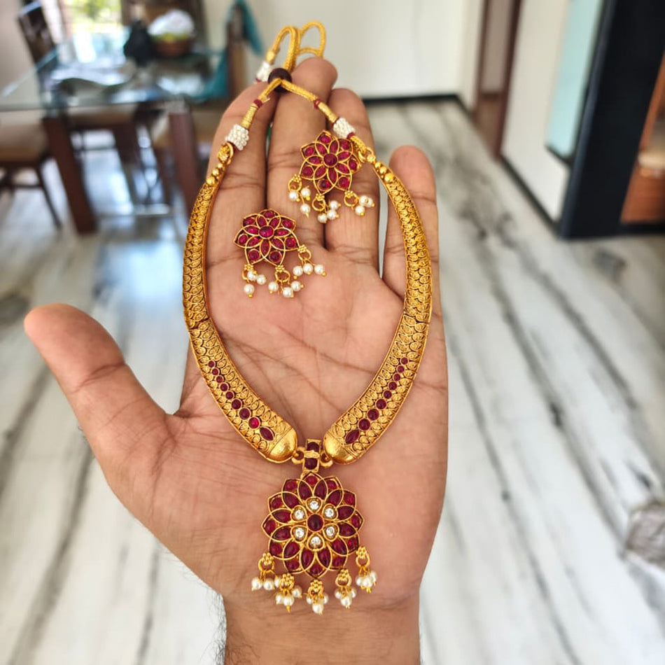 Matte Pota Stone with Pearl Necklace in Oxidised Silver | Bridal Jewellery India
