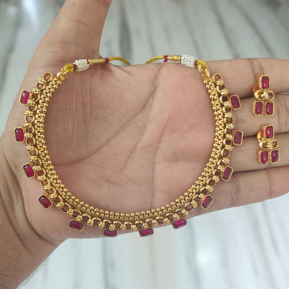 Matte Pota Stone Necklace in Oxidised Silver | Bridal Jewellery India