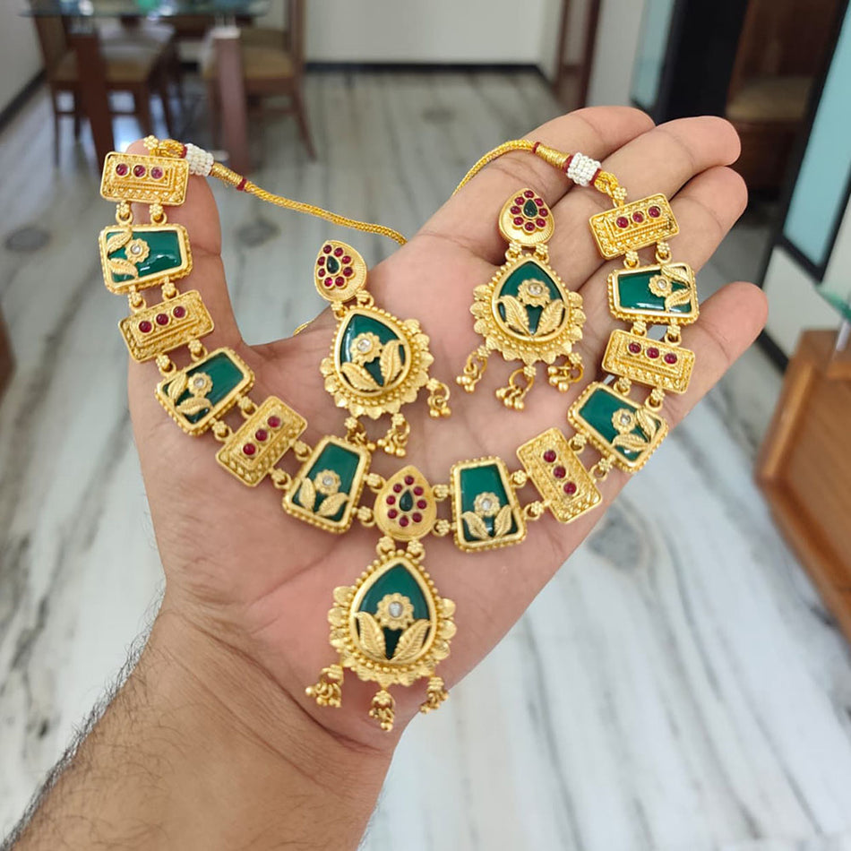 Matte Pota Stone Necklace in Oxidised Silver for Occasions | Bridal Jewellery India