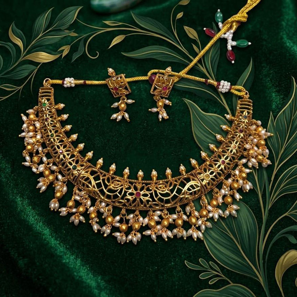 Matte Pota Stone Choker Necklace in Oxidised Silver | Bridal Jewellery India
