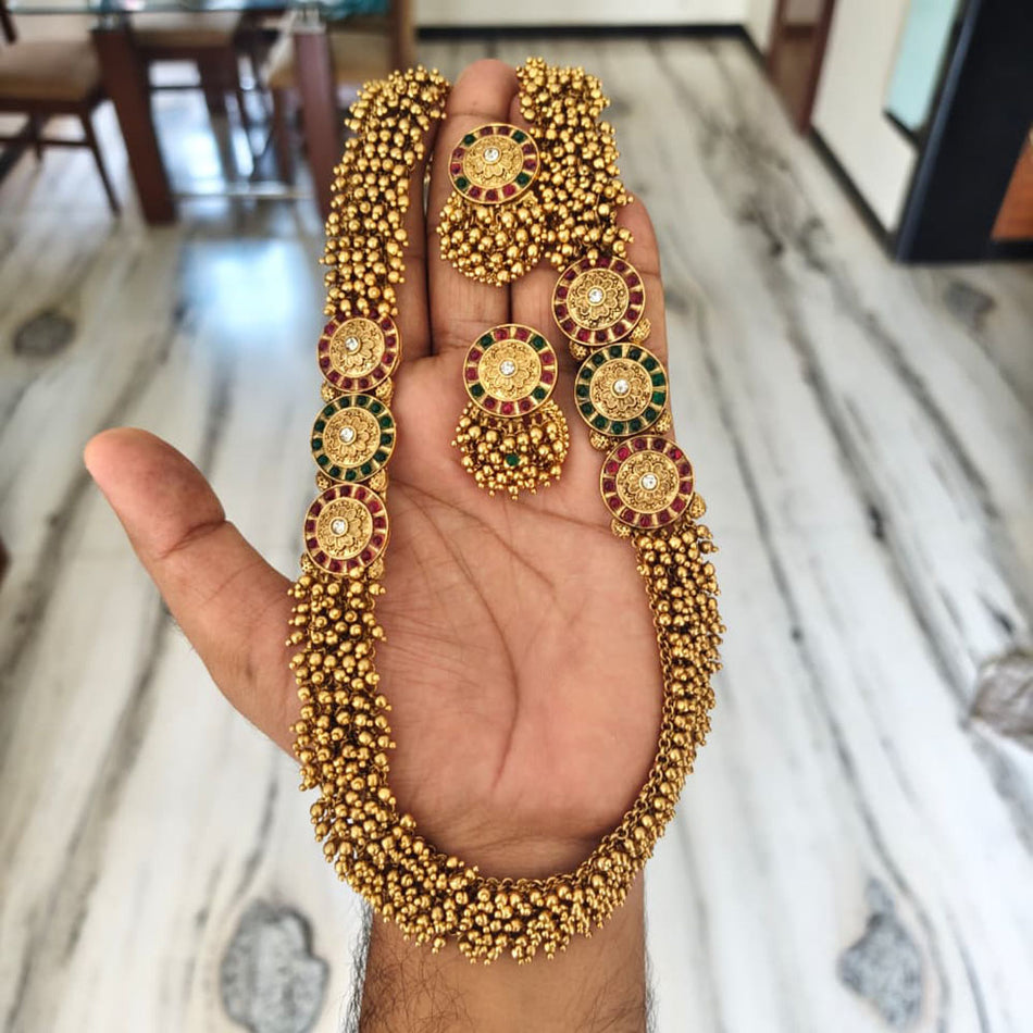 Matte Pota Stone Long Necklace in Rose Gold Plated | Bridal Jewellery India