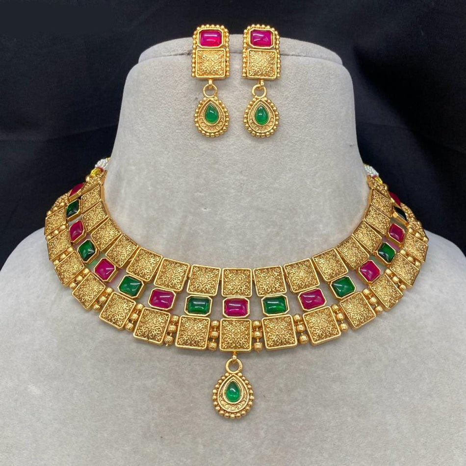 Gold Plated Pota Stone Necklace Set | Bridal Jewellery India