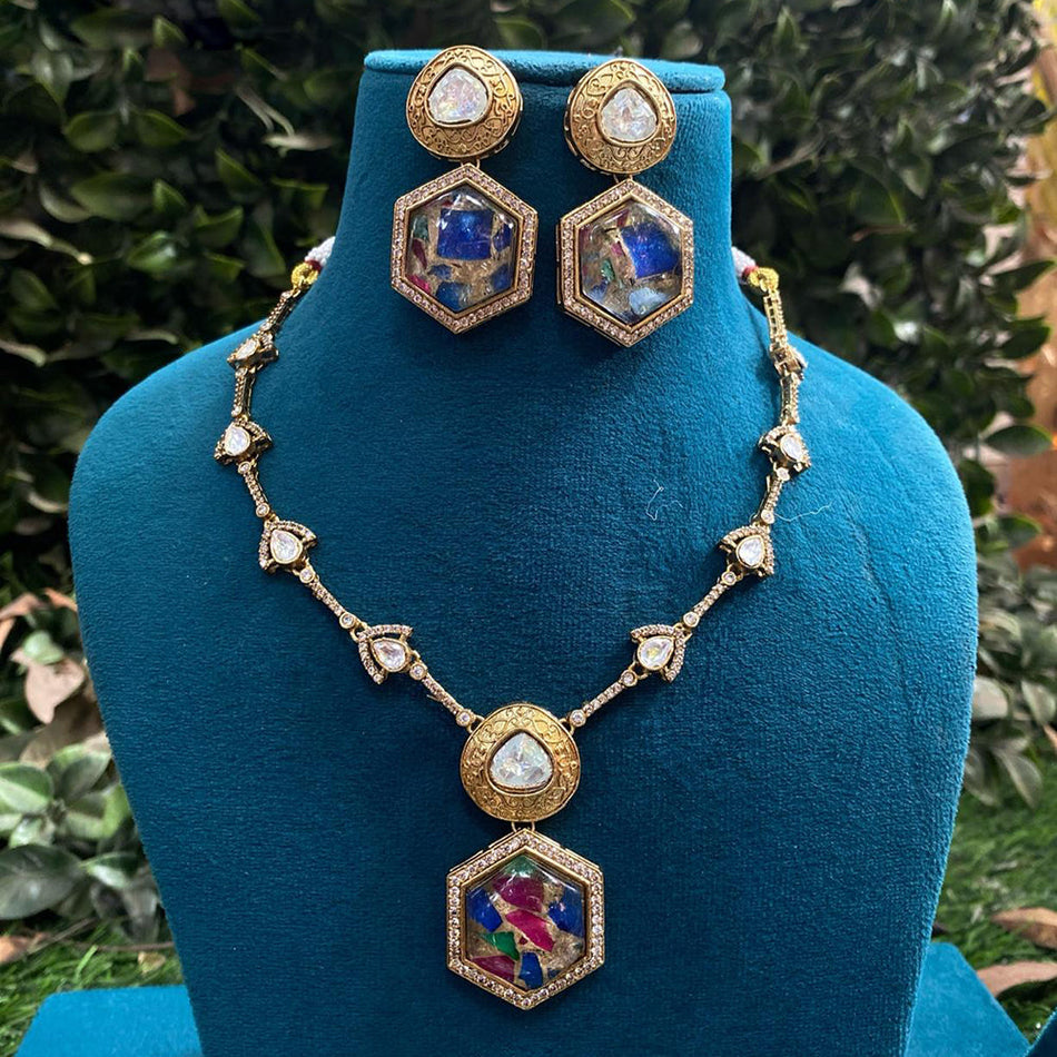 Gold Plated Kundan Necklace with Polki   Druzy Stones | Bridal Jewellery India