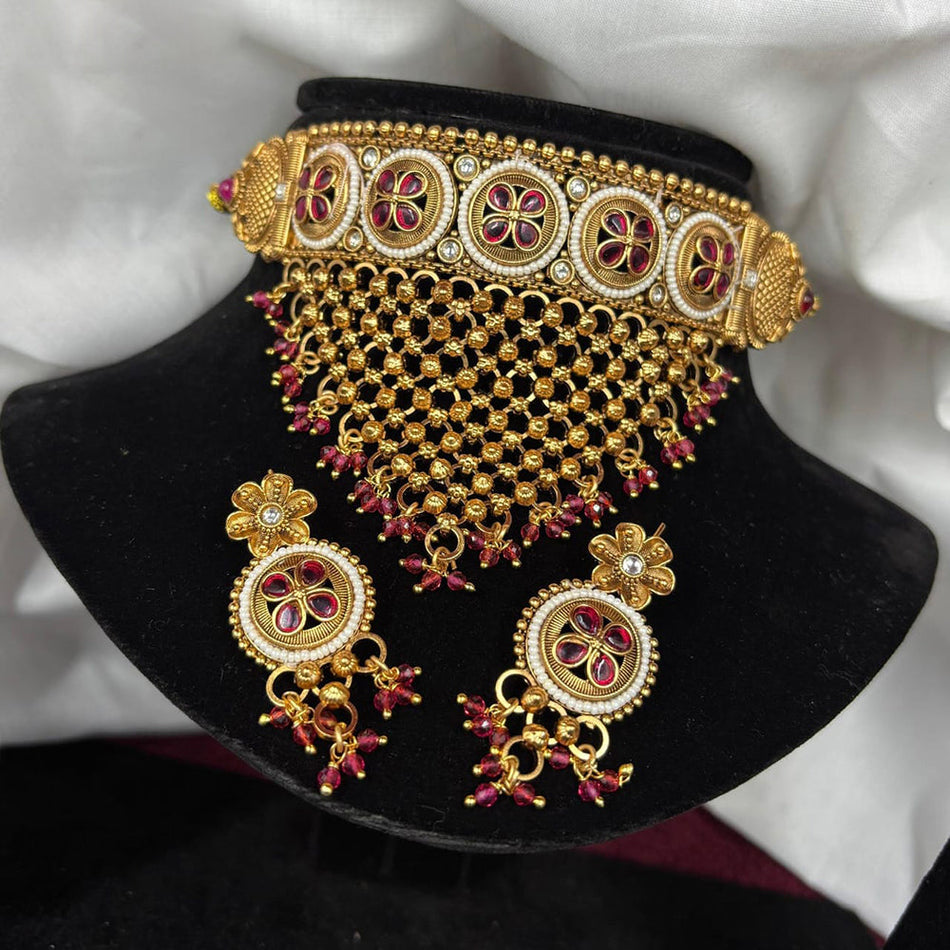 Gold Plated Pota Stone Choker Necklace Set | Bridal Jewellery India