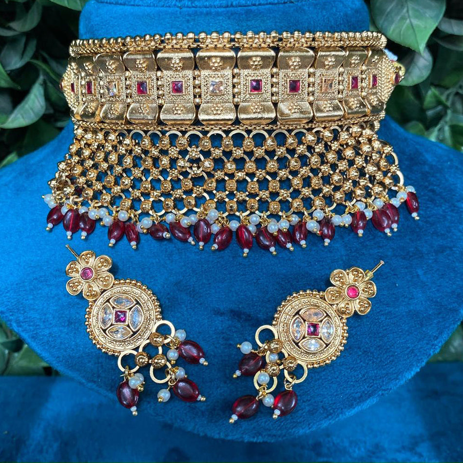 Gold Plated Pota Stone Choker Necklace Set | Bridal Jewellery India