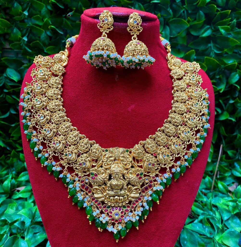 Gold Plated Pota Stone   Pearls Temple Necklace | Bridal Jewellery India
