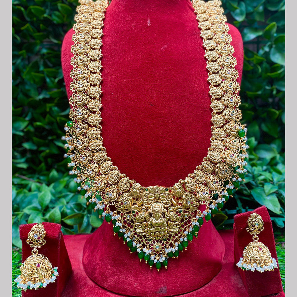 Gold Plated Pota Stone   Pearls Temple Necklace | Bridal Jewellery India