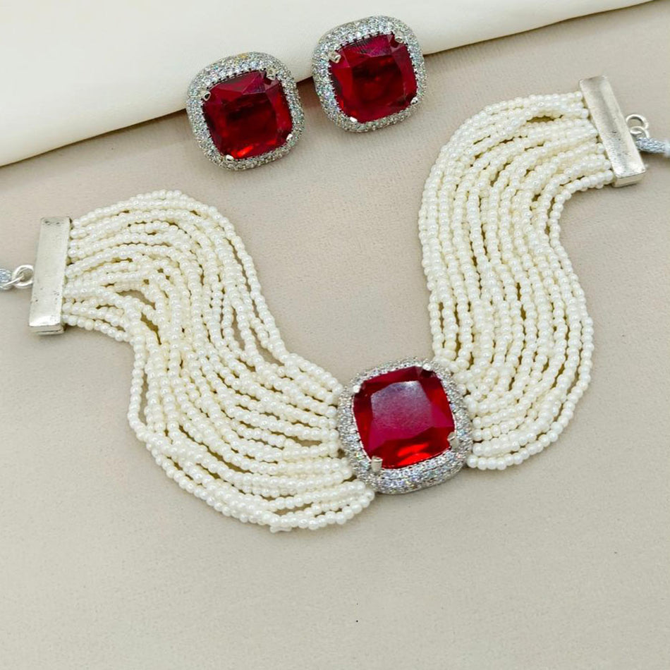 Crystal Stone Peal Choker Necklace in Gold Tone | Bridal Jewellery India