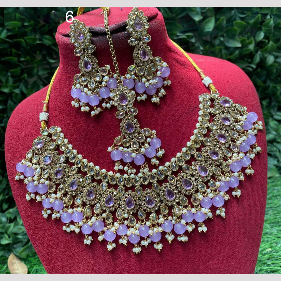 Crystal Stone Necklace in Gold Plated with Beads | Bridal Jewellery India