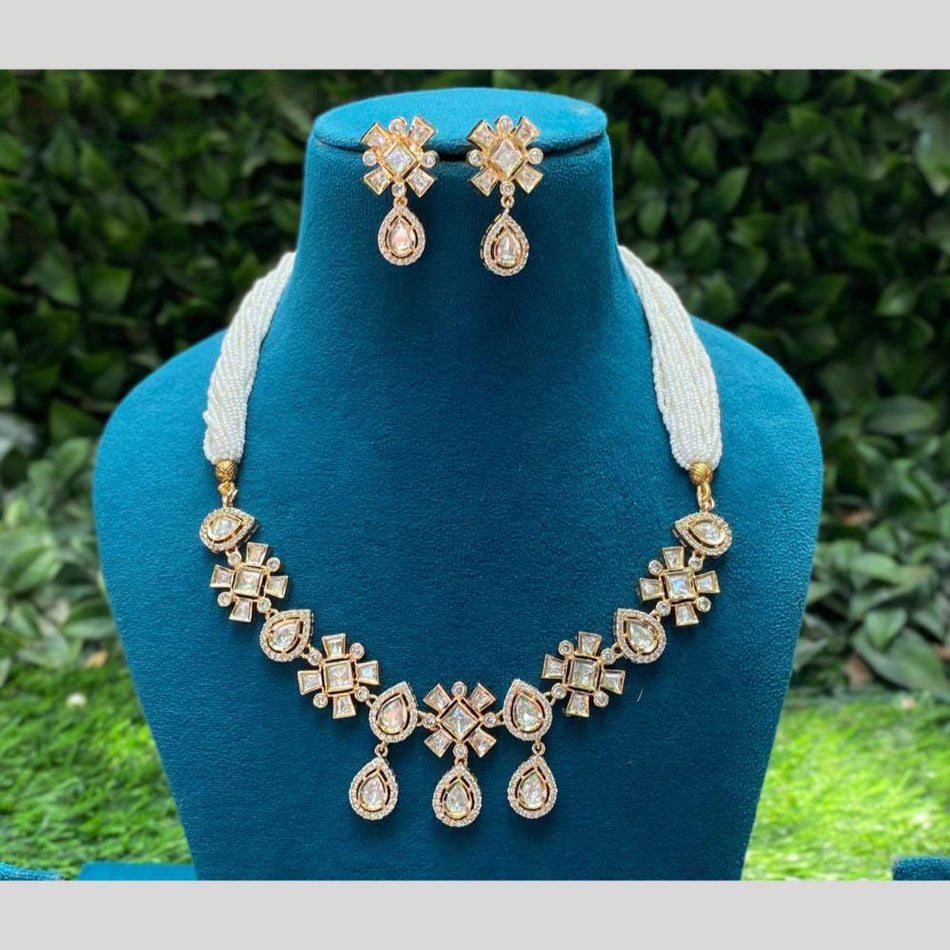 Kundan Necklace in White Gold Plated with Matching Earrings | Bridal Jewellery India