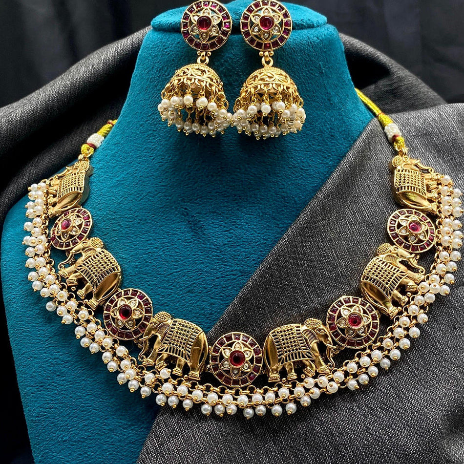 Forest Royalty Pearl Elephant Necklace in Gold Tone | Bridal Jewellery India
