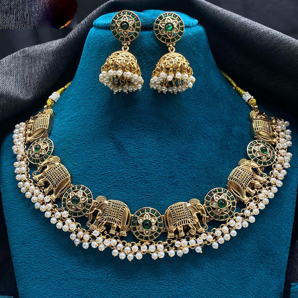 Forest Royalty Pearl Elephant Necklace in Gold Tone | Bridal Jewellery India