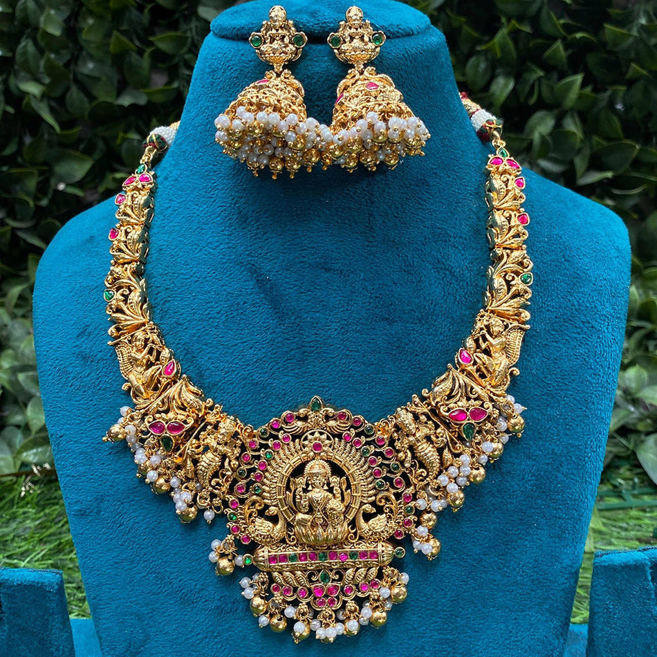Gold Plateden Aura Pota Necklace in Pearl for Temple Inspiration | Bridal Jewellery India