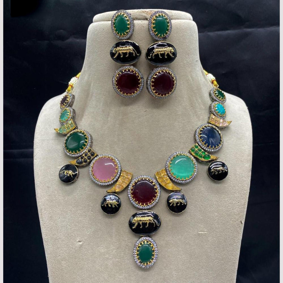 Modern Rose Gold Plated Necklace Set with Australian Stones | Bridal Jewellery India
