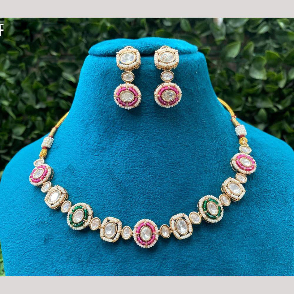 Pearl Beaded Kundan Necklace in Gold Plated | Bridal Jewellery India