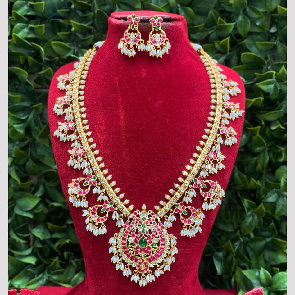 Pota Stone Long Necklace in Rose Gold Plated | Bridal Jewellery India