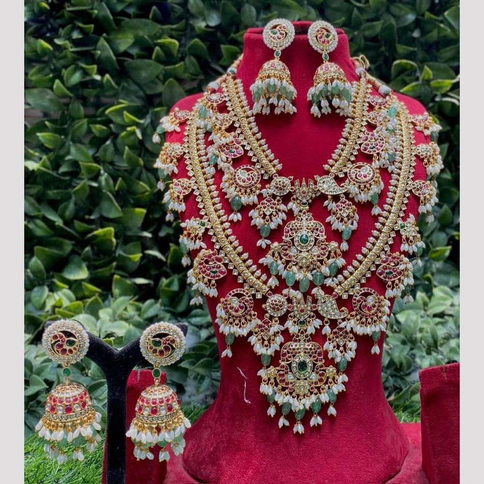 Designer Pota Stone Double Necklace in Gold Plated   Pearl | Bridal Jewellery India