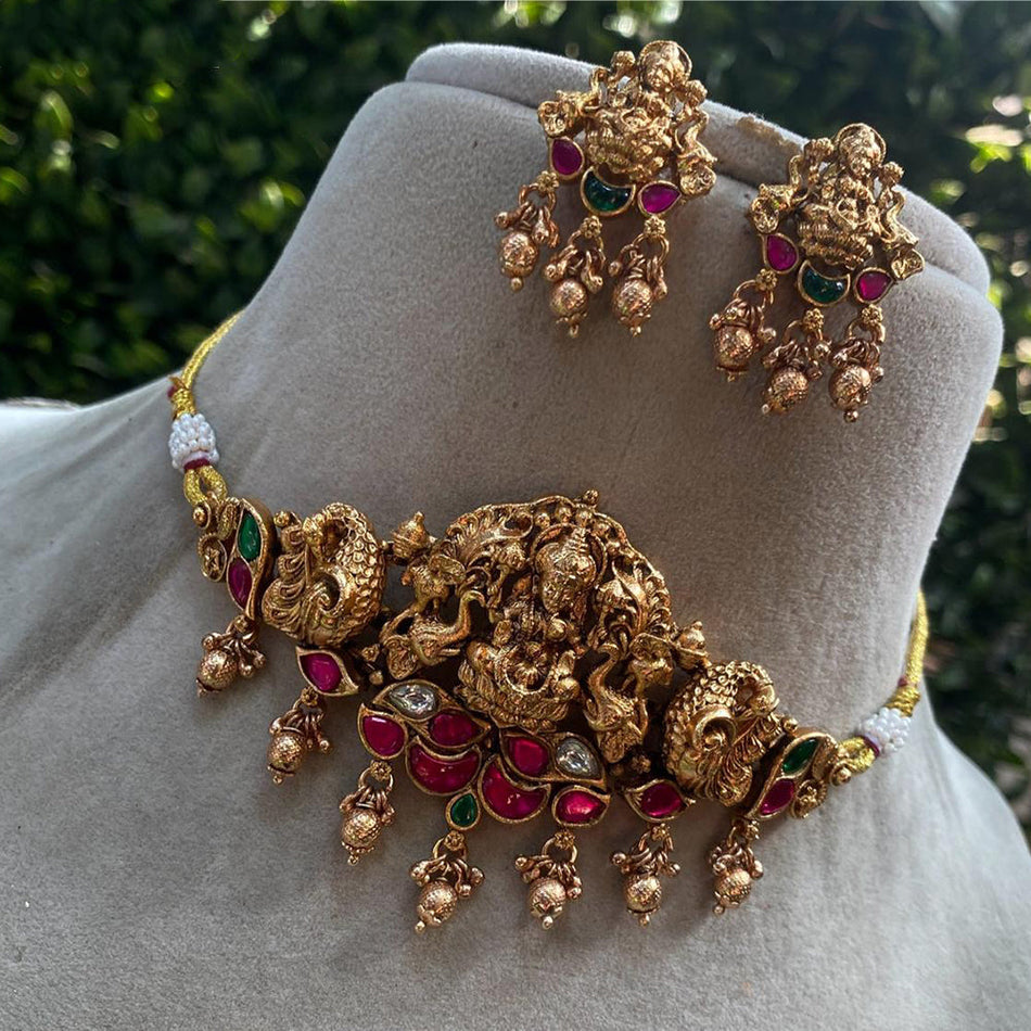 Pota Stone Choker Necklace in Heritage Gold Plated | Bridal Jewellery India