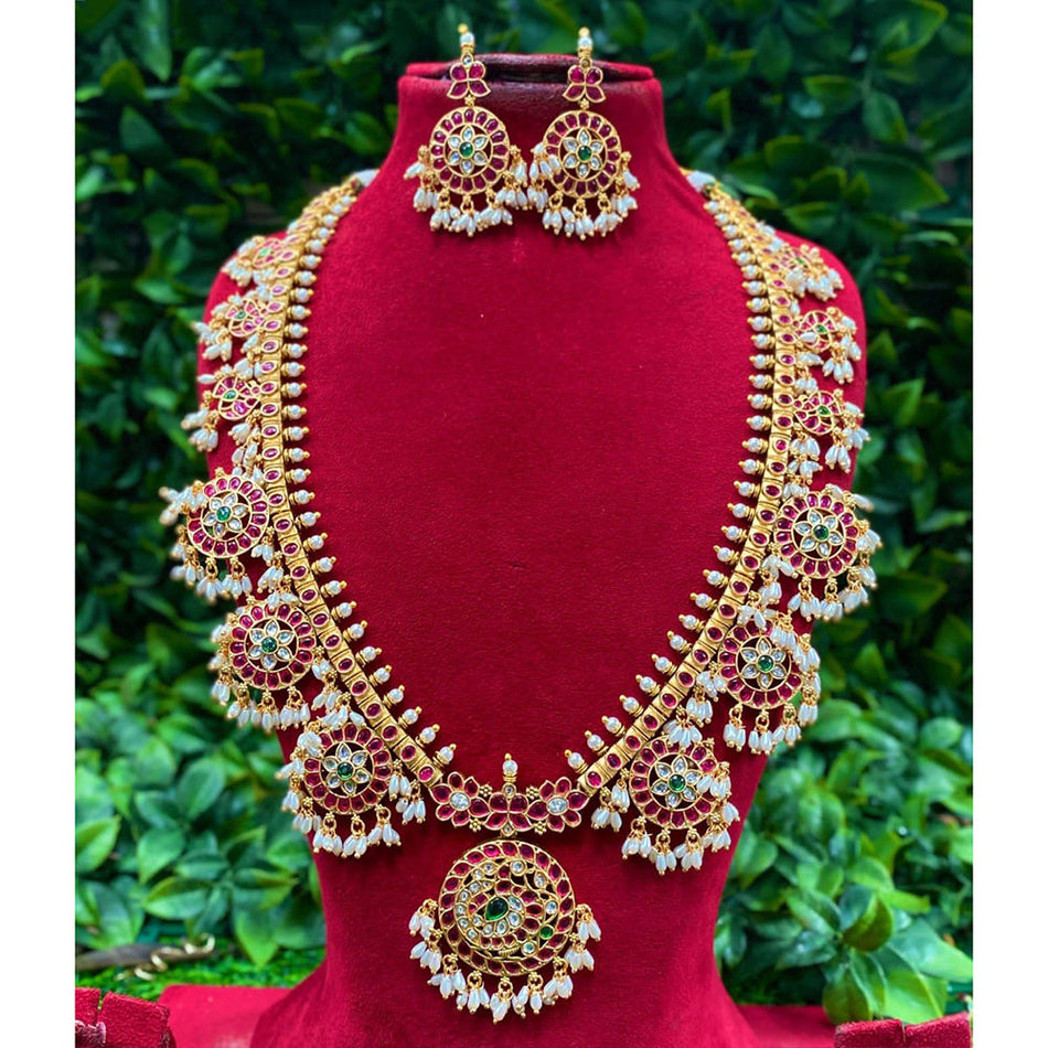 Pota Stone Long Necklace in Rose Gold Plated | Bridal Jewellery India