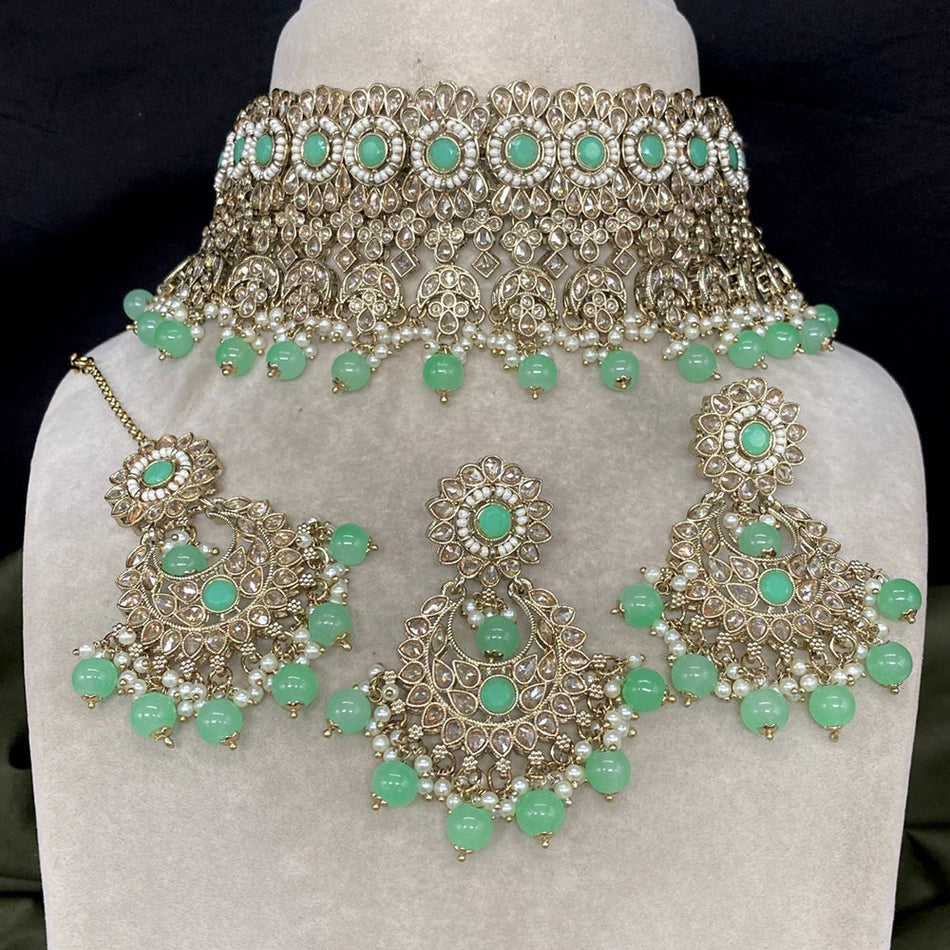 Heritage Crystal Choker in Gold Plated with Pearl Drops | Bridal Jewellery India