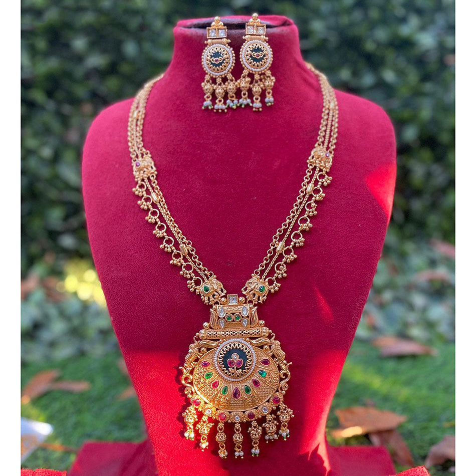 Pota Stone Long Necklace in Rose Gold Plated | Bridal Jewellery India